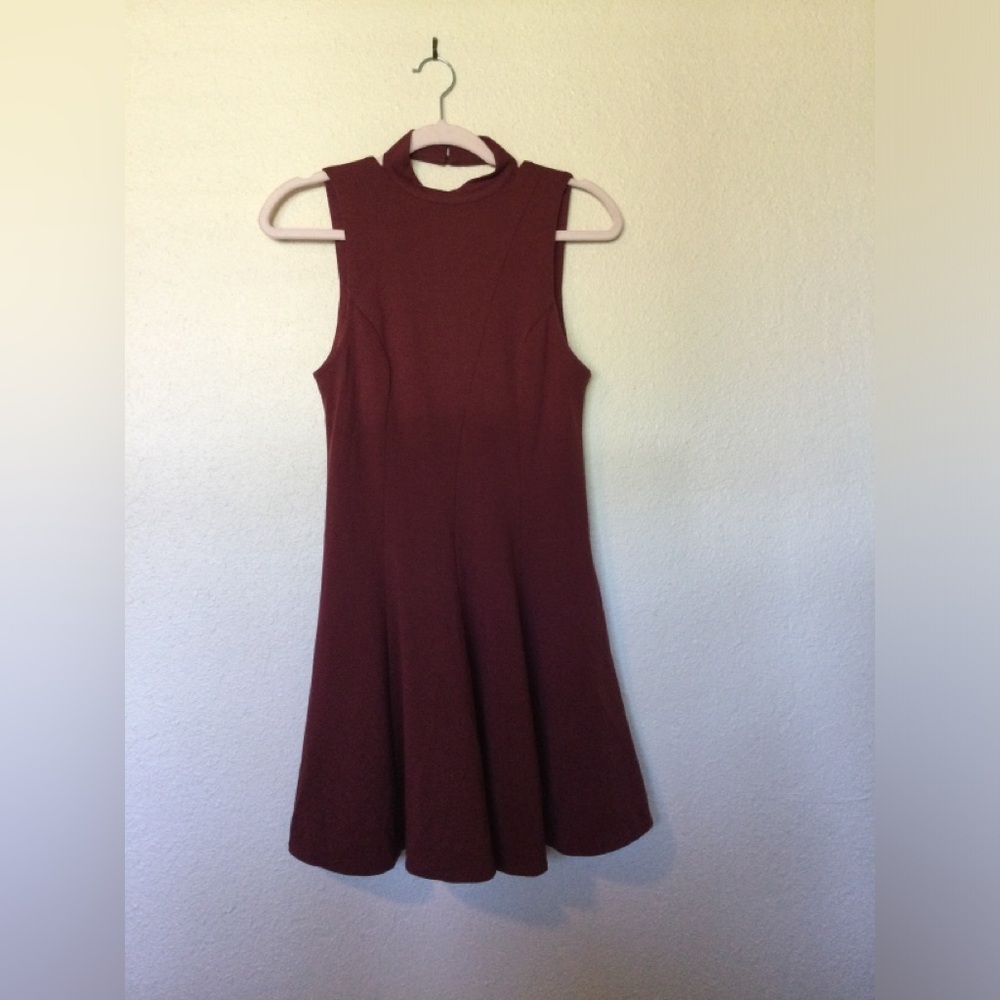 Free People Burgundy Halter Pleated Skater Dress with Pockets